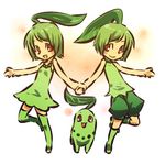 1girl ahoge androgynous bare_shoulders blush_stickers brown_eyes chikorita dress gen_2_pokemon green_hair hitec holding_hands jewelry kneehighs moemon necklace open_mouth personification pokemon pokemon_(creature) short_hair shorts smile thighhighs 