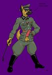 balls blue_eyes canine cosplay dialogue dog german_shepherd hat male nazi penis sheath solo uniform zephyer 