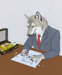  2008 briefcase canine crayon desk eraser house male moth-eatn paper pencil solo suit tie wolf yellow_eyes 
