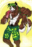 anthro biceps big_muscles braids canine clothing drugs green_hair hair ice_cream licking male mammal marijuana muscles nipples piercing shorts solo stoner suggestive switchblade tongue topless wolf 