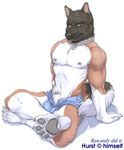  arm_support barefoot biceps black_nose bulge canine clothing collar crossed_legs dog ear_piercing hindpaw hurst looking_at_viewer male mammal markings muscles nipples open_shorts pawpads paws pecs penis penis_tip piercing plain_background ratcandy sheath shorts simple_background smile socks_(marking) solo topless white_background yellow_eyes 