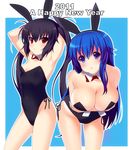  2girls animal_ears arin arms_up bare_legs black_hair blue_eyes blue_hair breasts bunny_ears bunny_girl bunnysuit chinese_zodiac cleavage flat_chest kooh kyoku_tou large_breasts long_hair multiple_girls new_year open_mouth pangya red_eyes twintails year_of_the_rabbit 