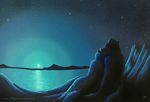  blue blue_theme canine cool_colors cuddle cuddling cute fur horizon mammal moon myenia night shore stars water wolf 