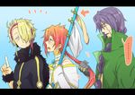  bad_id bad_pixiv_id blonde_hair braid fantasy hair_over_one_eye long_hair male_focus multiple_boys original ponytail purple_hair red_hair scar staff tales_of_pixiv tsukimushi 