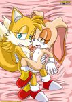  bed cream_the_rabbit crossgender female gloves lesbian looking_at_viewer mobian mobius_unleashed multiple_tails nipples one_eye_closed pose sega shoes sonic_(series) tail tailsko 