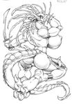  dragon female ferris looking_back monochrome muscles nude reptile scalie solo sword tail unconvincing_armour warrior weapon 