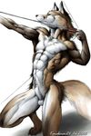  2001 abs anthro arrow balls bow_(weapon) canine countershading crouching ear_fluff fur karabiner male mammal muscles nipples nude plain_background pointy_ears pose ranged_weapon sheath solo tail weapon white_background 