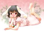  :p animal_ears bad_id bad_pixiv_id barefoot black_hair blush brown_hair bunny_ears bunny_tail carrot face feet hands inaba_tewi jewelry lying michii_yuuki on_stomach pendant red_eyes short_hair soles solo tail tongue tongue_out touhou 