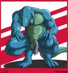  abs balls bangaa biceps big_muscles blue blue_body crouching erection final_fantasy flaccid forsen looking_at_viewer male muscles penis purple_penis reptile scalie solo tail video_games 