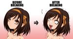  ahegao artist_request before_and_after broken_rape_victim choker collar comparison cum decent_and_indecent facial fucked_silly gradient gradient_background hard_translated ive_been_raped kido_keiji open_mouth ribbon rolleyes rolling_eyes simple_background suzumiya_haruhi suzumiya_haruhi_no_yuuutsu tongue_out translated yellow_eyes 