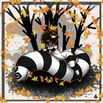  big_tail black_hair girly hair horns leaves male nyhm nyhm_(artist) solo striped_fur tail teeth 