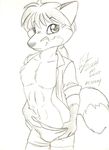  black_and_white briefs canine clothing fox male mammal michele_light monochrome open_shirt plain_background shirt sketch solo standing underwear white_background 