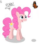  2010 arthropod blue_eyes butterfly cutie_mark derp doing_it_wrong english_text equine female feral fork friendship_is_magic fur hair hellahellastyle hooves horse insect mammal my_little_pony open_mouth pink_fur pink_hair pinkie_pie_(mlp) plain_background pony smile text tongue white_background 