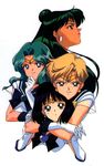  4girls :o bishoujo_senshi_sailor_moon gloves hug hug_from_behind kaiou_michiru meiou_setsuna multiple_girls official_art sailor_neptune sailor_pluto sailor_saturn sailor_uranus ten'ou_haruka tenou_haruka tomoe_hotaru 