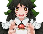  black_hair black_wings bow brown_eyes cape drooling egg face foreshortening green_bow hair_bow hands hullzion long_hair open_mouth pov reiuji_utsuho solo star symbol-shaped_pupils third_eye touhou wings 