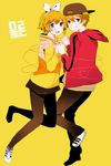  1girl :q bad_id bad_pixiv_id baseball_cap blonde_hair blue_eyes casual earrings hair_ornament hair_ribbon hairclip hat highres holding_hands hood hoodie jewelry juvenile_(vocaloid) kagamine_len kagamine_rin komine pantyhose red_string ribbon shoes short_hair sneakers string tongue tongue_out vocaloid 