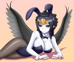  animal_ears black_hair black_wings bow bowtie bunny_ears bunnysuit duel_monster fabled_grimro jewelry lying multicolored multicolored_eyes nail_polish on_side pantyhose pataniito pointy_ears red_sclera ring solo white_skin wings wrist_cuffs yuu-gi-ou yuu-gi-ou_duel_monsters 