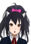  alternate_hairstyle animal_ears bad_id bad_pixiv_id black_hair blazer bow brown_eyes cat_ears face hair_bow jacket k-on! nakano_azusa neck_ribbon ocaca_(chocolate-hopper) ponytail red_ribbon ribbon school_uniform solo 