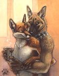  canine coffee couple cuddle cuddling dog eye_contact fox gay german_shepherd hug looking_at_each_other love male mammal scarf smile 
