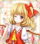  blown_kiss blush bow flandre_scarlet flower hair_bow heart mount_whip nail_polish no_hat no_headwear o3o one_eye_closed pink_flower pink_nails pink_rose red_eyes rose short_hair side_ponytail solo touhou upper_body wings 