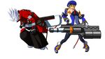  1boy 1girl animated animated_gif arc_system_works beret blazblue blonde_hair gif gun hat lol noel_vermillion pixel_art ragna_the_bloodedge sexually_suggestive simple_background sweapon weapon white_hair 