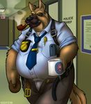  black_nose canine coffee dog doughnut fat food german_shepherd mammal necktie officer overweight pipe police smoke smoking solo tie yellow_eyes zexyz 