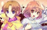  brown_hair glasses ibis_douglas locked_arms lowres matsunami_rumi multiple_girls purple_eyes red_eyes red_hair short_hair super_robot_wars super_robot_wars_original_generation tsugumi_takakura 