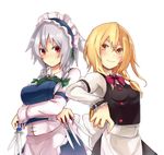  adapted_costume bad_id bad_pixiv_id between_fingers blonde_hair braid breasts buckle buttons colored_eyelashes izayoi_sakuya kirisame_marisa knife long_hair looking_at_viewer maid maid_headdress medium_breasts mini-hakkero multiple_girls no_hat no_headwear red_eyes shiroshi_(denpa_eshidan) short_hair side_braid silver_hair simple_background small_breasts smile touhou twin_braids upper_body yellow_eyes 