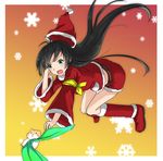  animal bad_id bad_pixiv_id bed_sheet black_hair blue_eyes falling ganaha_hibiki hamster hamuzou idolmaster idolmaster_(classic) long_hair minatsuki_randoseru ponytail santa_costume snowflakes 