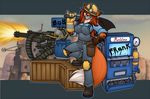  black_nose boxes canine dackstrus engineer engineer_(team_fortress_2) eyewear female fox gloves goggles hair hat knee_pads lipstick lockworkorange long_hair looking_at_viewer mammal minigun overalls projectblue02 red_hair smile solo tattoo team_fortress_2 teeth vixen wings wrench 