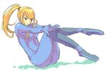  ass bad_id bad_pixiv_id blonde_hair blue_eyes bodysuit expressionless gabu_kichi hands_on_own_knees leg_up legs metroid oekaki ponytail samus_aran sitting solo thighs zero_suit 