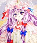  1girl :o blue_bow book bow crescent crescent_hat_ornament dress eyebrows_visible_through_hair hair_between_eyes hat hat_ornament long_hair marker_(medium) matsuppoi mob_cap patchouli_knowledge purple_eyes purple_hair ribbon solo touhou traditional_media 