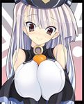  bare_shoulders between_breasts blush breast_squeeze breasts food fruit hat highres kuro_uso-ko large_breasts long_hair oppai_mochi orange original purple_hair solo torisan 