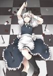  absurdres bad_id bad_pixiv_id braid card checkered checkered_floor highres irie_tetsuya izayoi_sakuya knife lying_card maid maid_headdress pocket_watch red_eyes short_hair silver_hair solo touhou twin_braids watch 