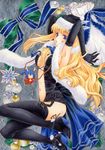  acrylic_paint_(medium) aoi_yuuka_(ao_no_kokoro) armpits arms_up black_gloves black_santa_costume blonde_hair blue_eyes boots bracelet breasts center_opening christmas cleavage colored_pencil_(medium) elbow_gloves garter_straps gloves hat jewelry legs long_hair lying macross macross_frontier marker_(medium) medium_breasts on_side santa_costume saotome_alto sheryl_nome sideboob solo thigh_boots thighhighs thighs traditional_media very_long_hair 
