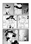  akase_rai blush braid broom broom_riding comic detached_sleeves greyscale hakurei_reimu hat highres kirisame_marisa long_hair monochrome multiple_girls ribbon sweat tears touhou translated witch_hat 