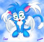  blue caos_(character) clouds cute feline green_eyes jamesfoxbr looking_at_viewer male nude open_mouth sky solo tail wings 