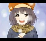  bad_id bad_pixiv_id bakemonogatari brown_eyes brown_hair cabbie_hat hat letterboxed monogatari_(series) open_mouth scarf sengoku_nadeko short_hair solo wakamizu 