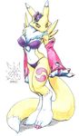  bikini blank_background bra canine claws cleavage colored digimon digitigrade female flower fox fur_markings gloves huge_tail neck_ruff renamon sawblade skimpy smile solo standing tail white_background yin-yang 