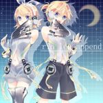  1girl arm_warmers blonde_hair blue_eyes brother_and_sister character_name cosmos detached_sleeves grid hair_ornament hair_ribbon hairclip headphones highres kagamine_len kagamine_len_(append) kagamine_rin kagamine_rin_(append) leg_warmers navel popped_collar ribbon short_hair shorts siblings thighhighs twins vocaloid vocaloid_append 