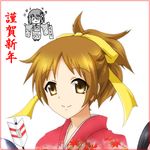  arrow brown_eyes brown_hair chibi hayashiya_zankurou hirasawa_ui hirasawa_yui japanese_clothes k-on! kimono knife multiple_girls nakano_azusa o_o ponytail short_hair when_you_see_it 