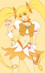  blonde_hair bow choker cure_sunshine eiwa hand_on_hip heartcatch_precure! instrument long_hair magical_girl midriff myoudouin_itsuki orange_background orange_bow orange_choker orange_eyes potpourri_(heartcatch_precure!) precure shiny_tambourine tambourine twintails very_long_hair yellow yellow_background 