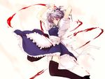  abimaru apron blood braid garter_straps izayoi_sakuya knife maid maid_headdress red_eyes silver_hair solo thighhighs touhou twin_braids zettai_ryouiki 