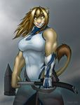  belt biceps blonde_hair braids breasts clothed clothing cyborg feline female green_eyes hair hammer lion lipstick long_hair mammal muscles muscular_female necklace pink_nose robot_arm robotic_arm solo strype weapon 