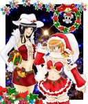  2girls bell black_hair christmas female gift hat long_hair multiple_girls nami nami_(one_piece) nico_robin one_piece orange_hair pixiv pixiv_thumbnail present resized ribbon tattoo 