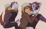  badger beanie brown_eyes canine clothed collar couple cute gay hair hug kissing male markings marty onta piercing purple purple_eyes sweater tail taylor 