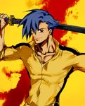  beardorado blood blue_hair bodysuit bruce_lee's_jumpsuit highres kamina katana kill_bill male_focus manly parody red_eyes sword tengen_toppa_gurren_lagann weapon yellow_bodysuit 