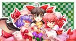  ahoge bat_wings blush bow brown_eyes brown_hair bun_cover chain checkered checkered_background cuffs double_bun dress fang gift girl_sandwich glomp hair_bow hakurei_reimu hug ibaraki_kasen multiple_girls pink_eyes pink_hair purple_hair red_eyes remilia_scarlet sandwiched scarf short_hair tears touhou wings wrist_cuffs yetworldview_kaze yuri 