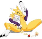  birthday breasts cake canine chest_tuft digimon female fox furano licking looking_at_viewer messy pussy raised_leg renamon solo strawberry tail tongue 