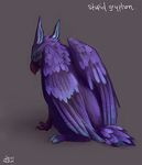  2009 avian beack beak claws eyes_closed feathers female feral gryphon hindpaw merystic purple sad sitting solo tail wings 